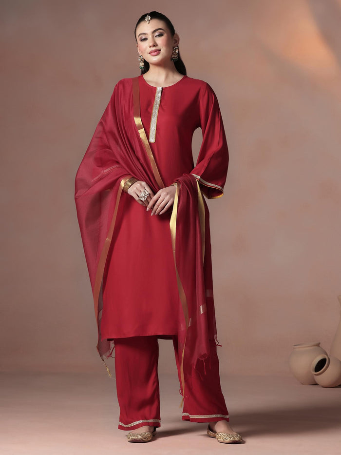 Women Liva Red Solid Kurta Comfort Pant Dupatta.