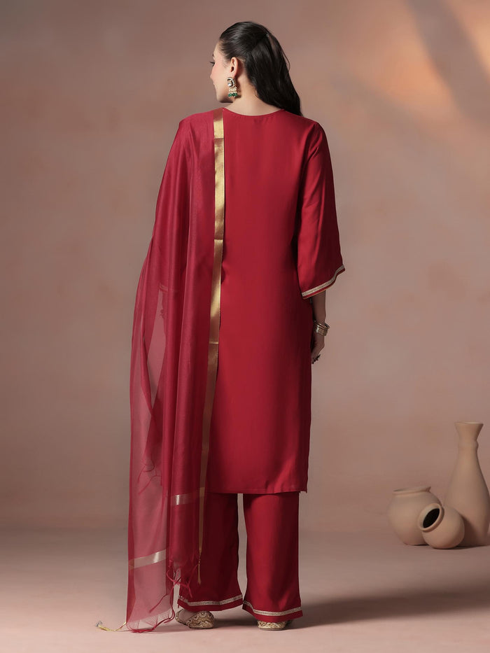 Women Liva Red Solid Kurta Comfort Pant Dupatta.