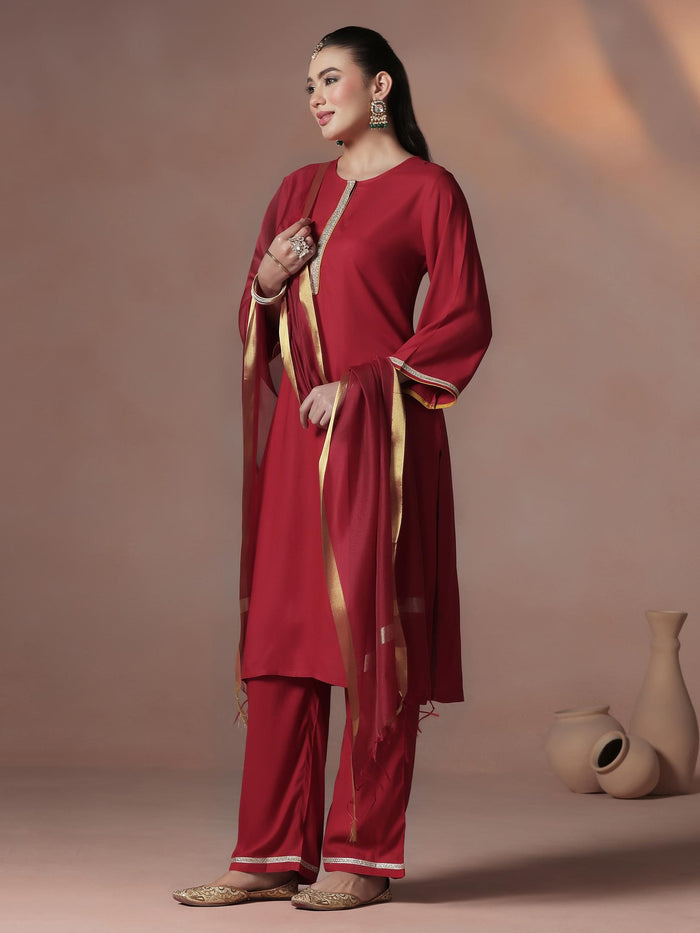 Women Liva Red Solid Kurta Comfort Pant Dupatta.