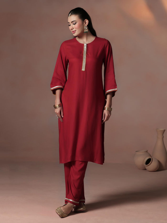 Women Liva Red Solid Kurta Comfort Pant Dupatta.
