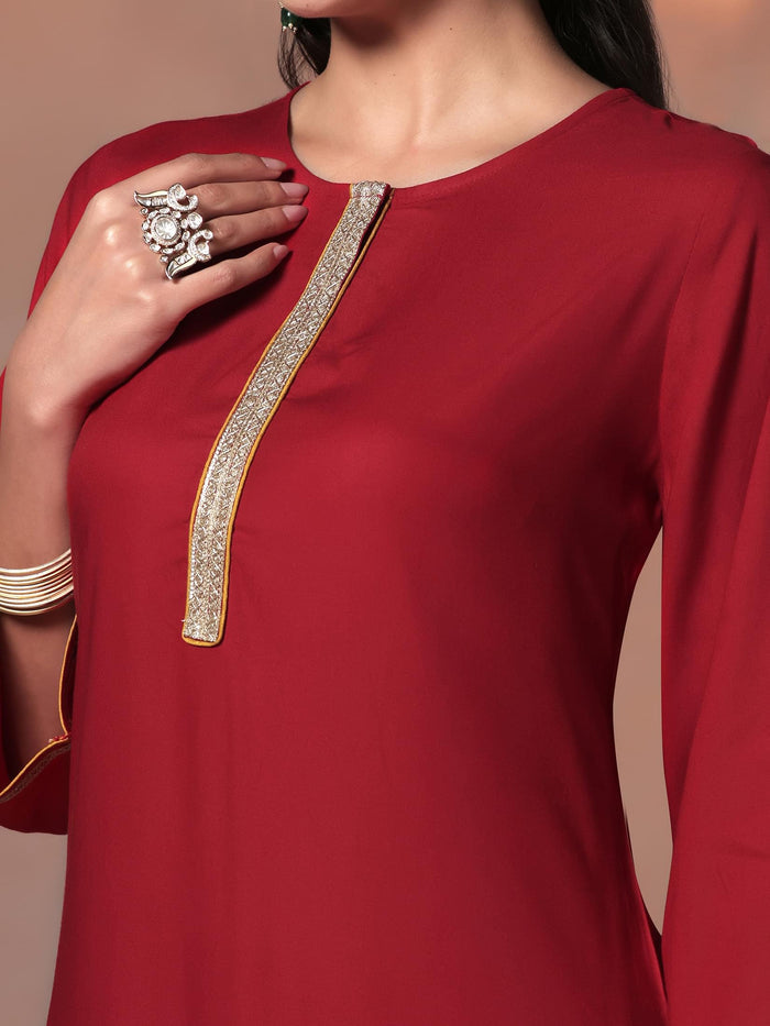 Women Liva Red Solid Kurta Comfort Pant Dupatta.