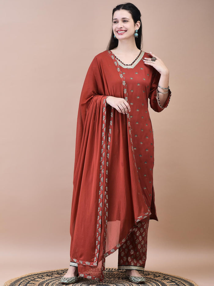 Women Liva Rust Butti Print Kurta Comfort Pant Dupatta.