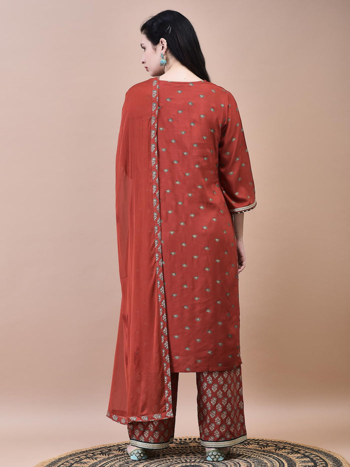 Women Liva Rust Butti Print Kurta Comfort Pant Dupatta.