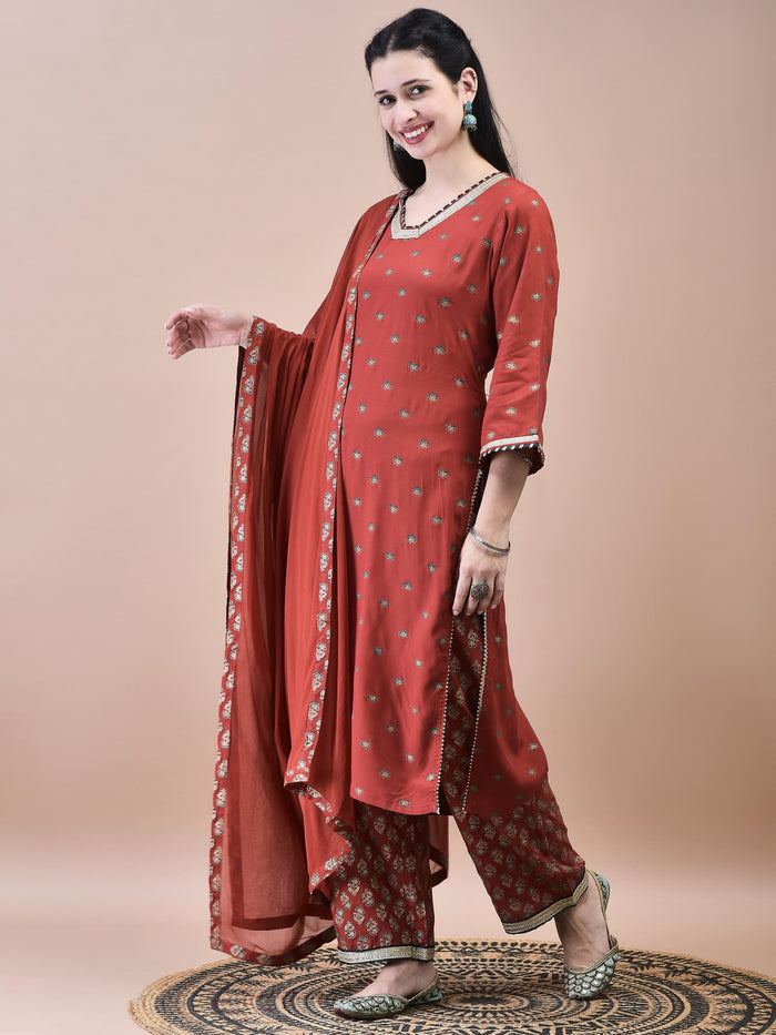 Women Liva Rust Butti Print Kurta Comfort Pant Dupatta.
