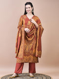 Women Liva Rust Paisley Print Kurta Comfort Pant Dupatta.