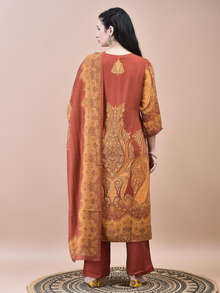 Women Liva Rust Paisley Print Kurta Comfort Pant Dupatta.