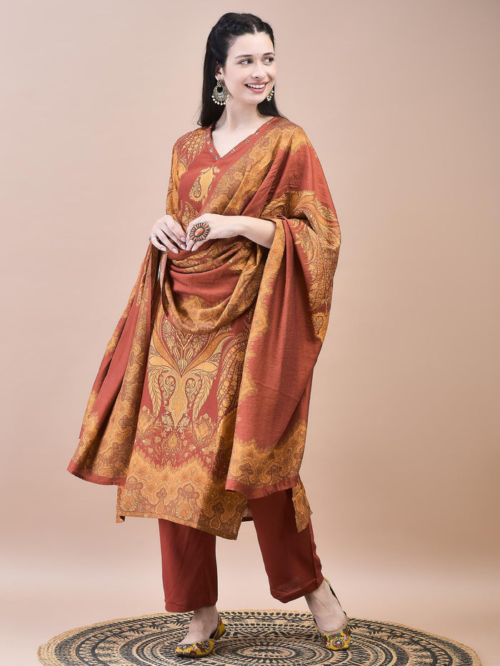 Women Liva Rust Paisley Print Kurta Comfort Pant Dupatta.
