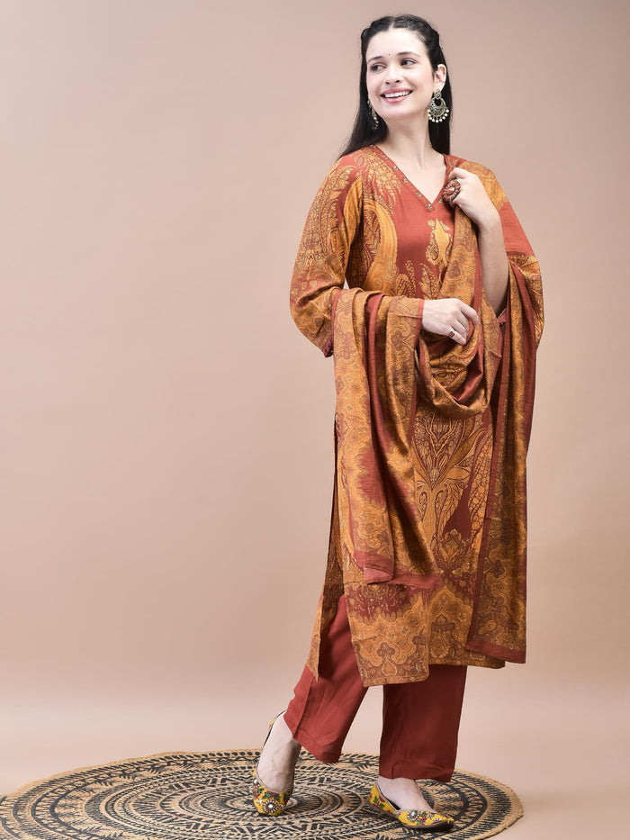 Women Liva Rust Paisley Print Kurta Comfort Pant Dupatta.