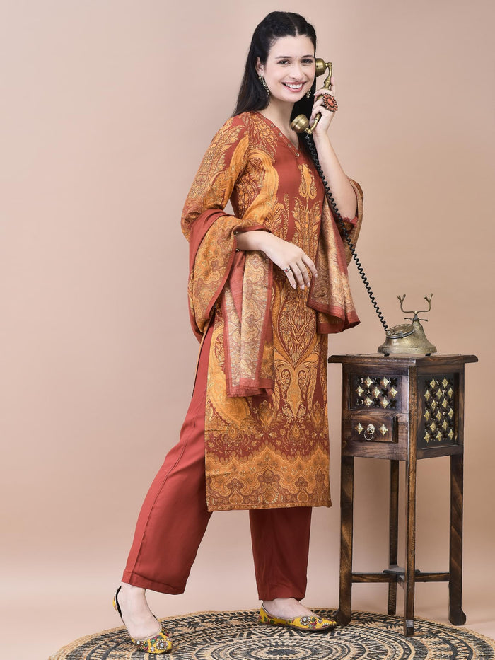 Women Liva Rust Paisley Print Kurta Comfort Pant Dupatta.