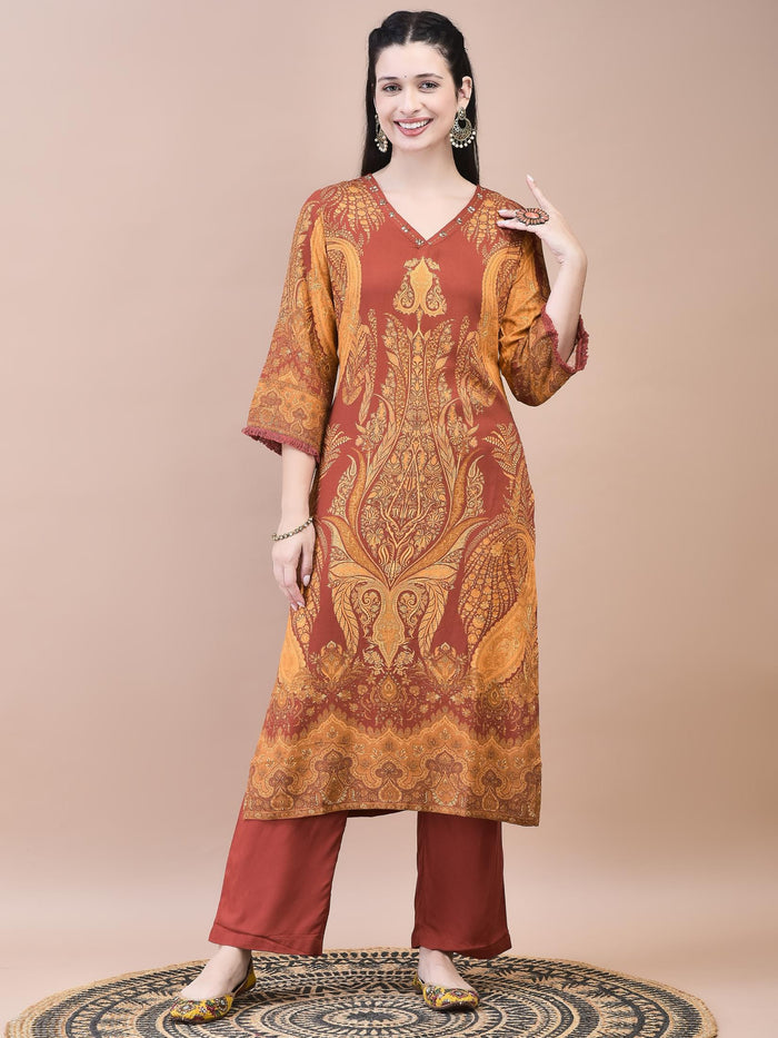 Women Liva Rust Paisley Print Kurta Comfort Pant Dupatta.