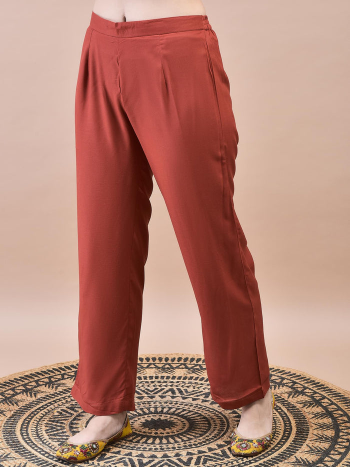 Women Liva Rust Paisley Print Kurta Comfort Pant Dupatta.