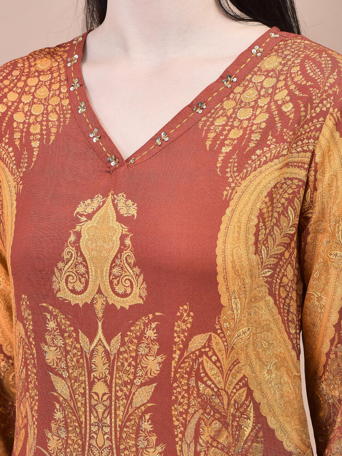 Women Liva Rust Paisley Print Kurta Comfort Pant Dupatta.