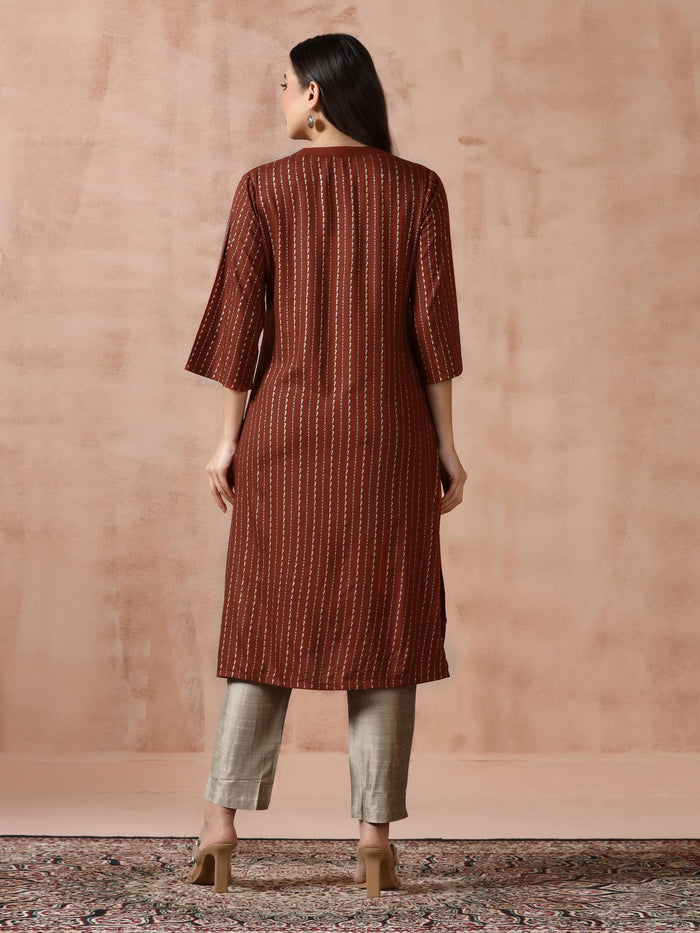 Women Liva Rust Placement Print Kurta.