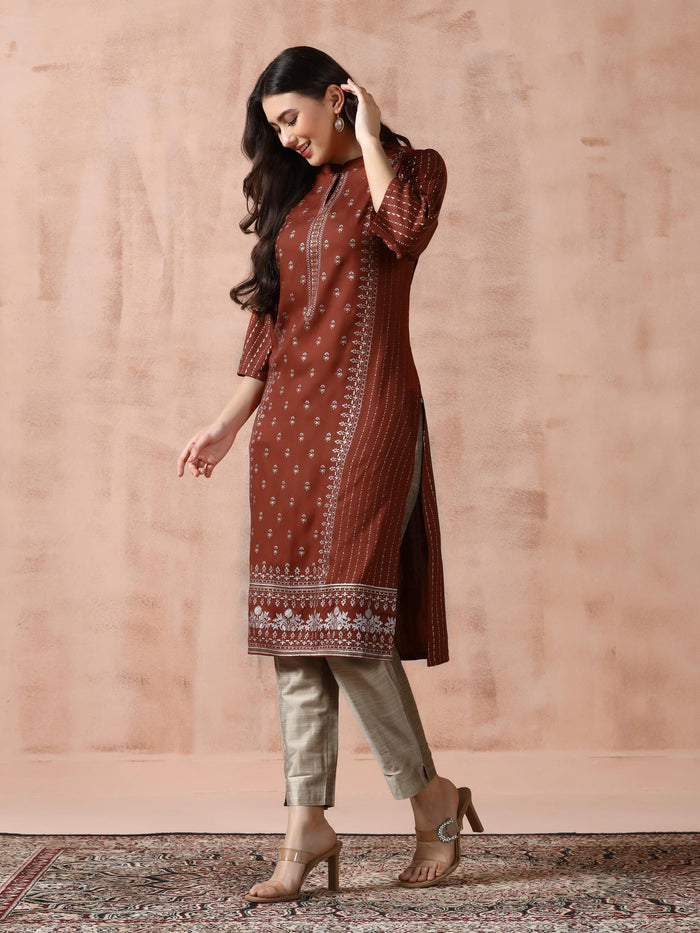 Women Liva Rust Placement Print Kurta.