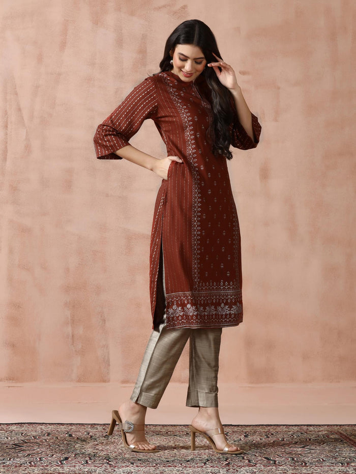 Women Liva Rust Placement Print Kurta.