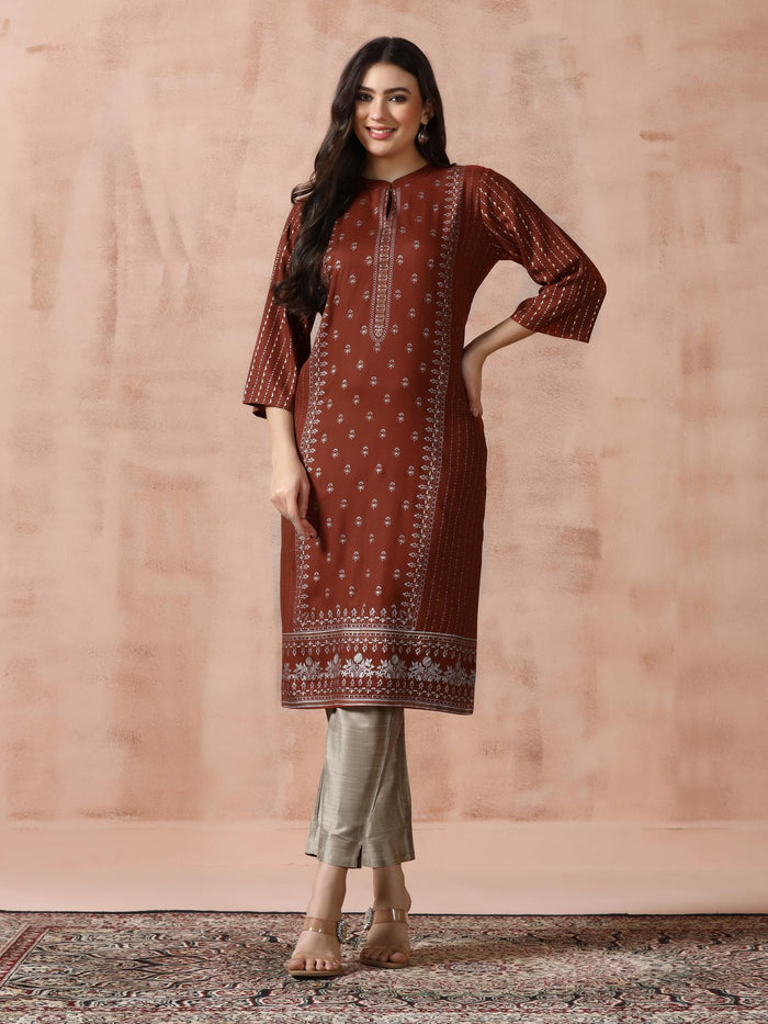 Women Liva Rust Placement Print Kurta.