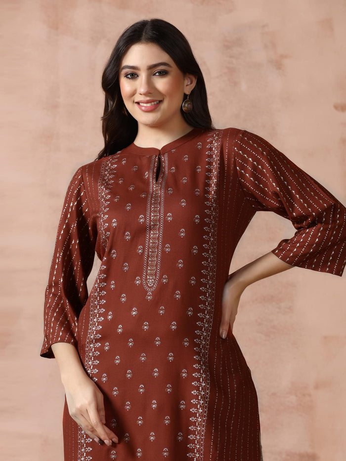 Women Liva Rust Placement Print Kurta.