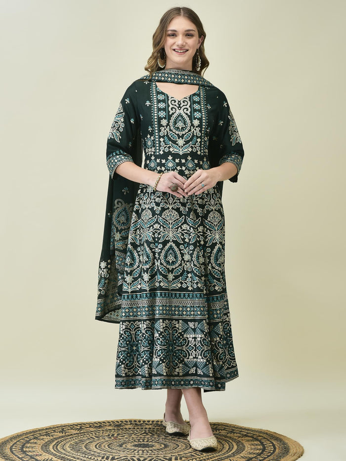 Women Liva Samaira Green Ornamental Print Dress With Dupatta.