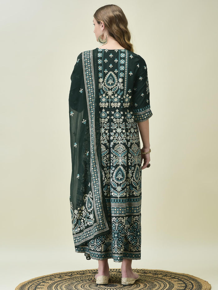 Women Liva Samaira Green Ornamental Print Dress With Dupatta.