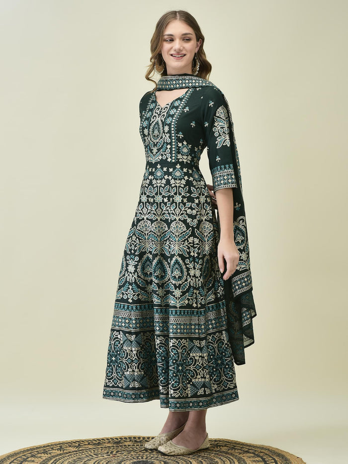 Women Liva Samaira Green Ornamental Print Dress With Dupatta.