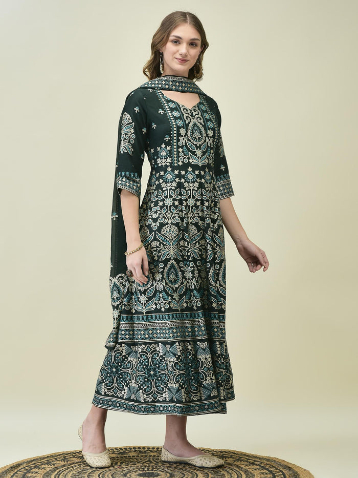 Women Liva Samaira Green Ornamental Print Dress With Dupatta.