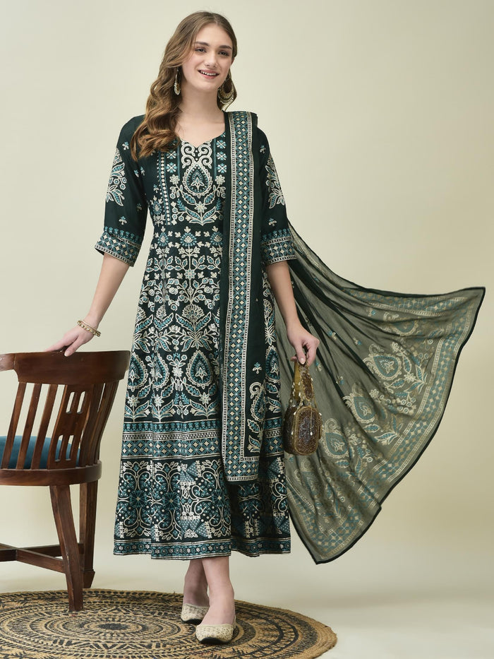 Women Liva Samaira Green Ornamental Print Dress With Dupatta.