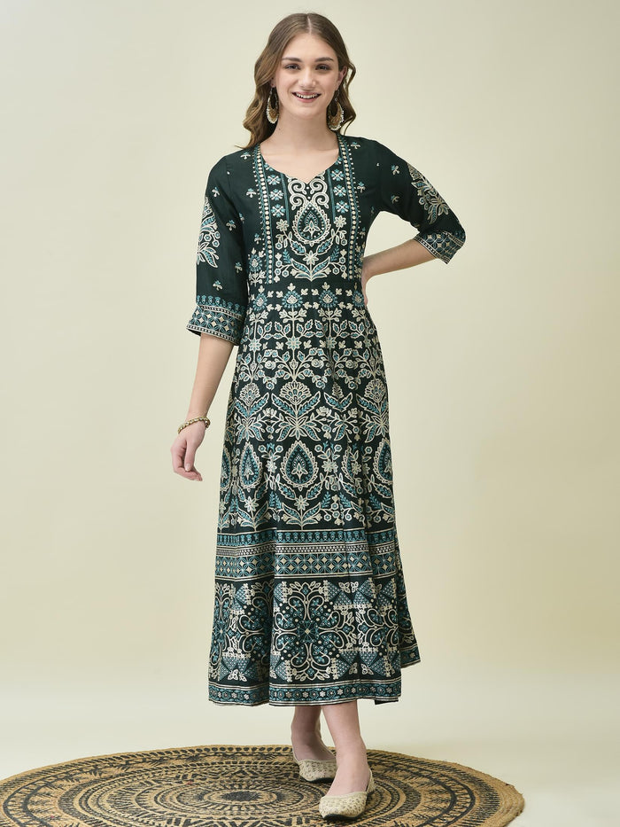 Women Liva Samaira Green Ornamental Print Dress With Dupatta.