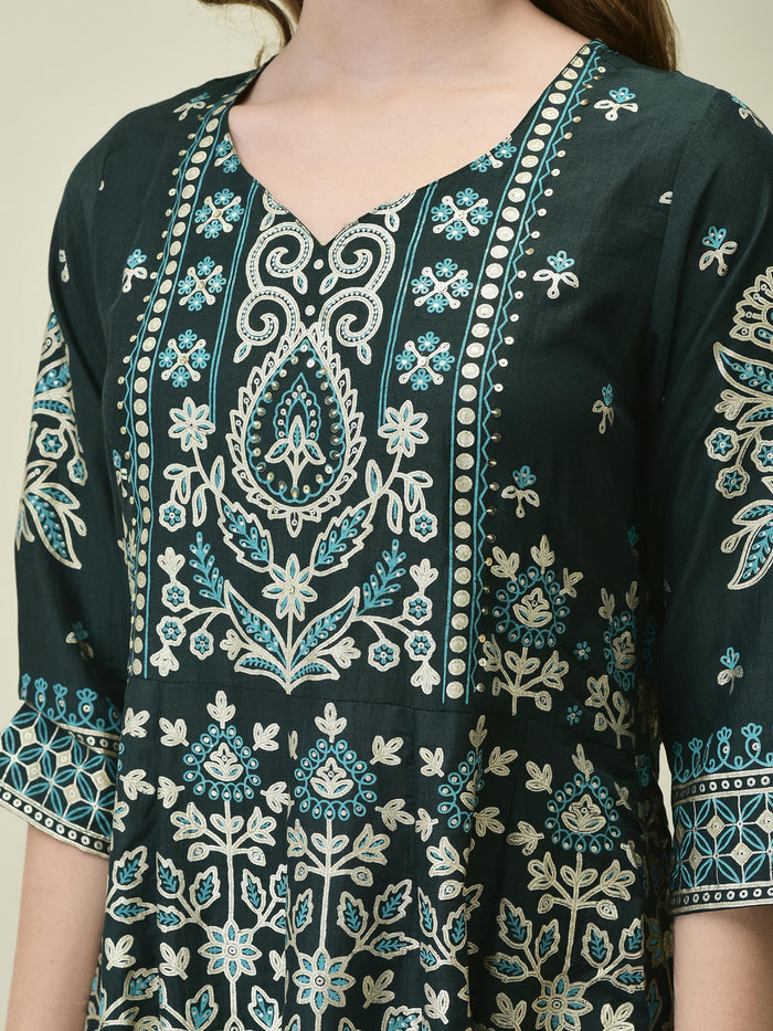 Women Liva Samaira Green Ornamental Print Dress With Dupatta.