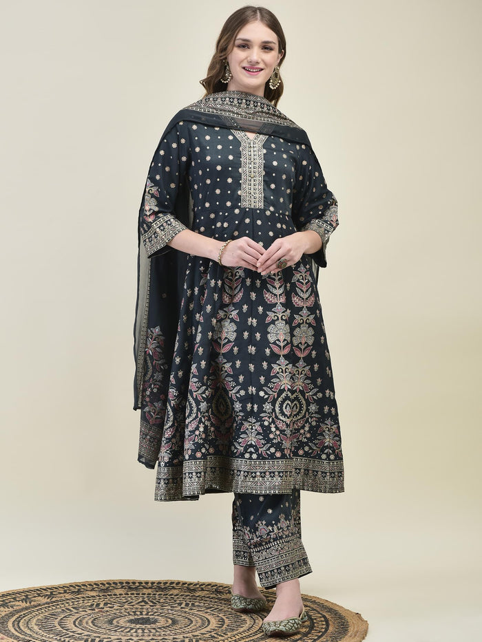 Women Liva Samaira Grey Ornamental Print Kurta Comfort Pant Dupatta.