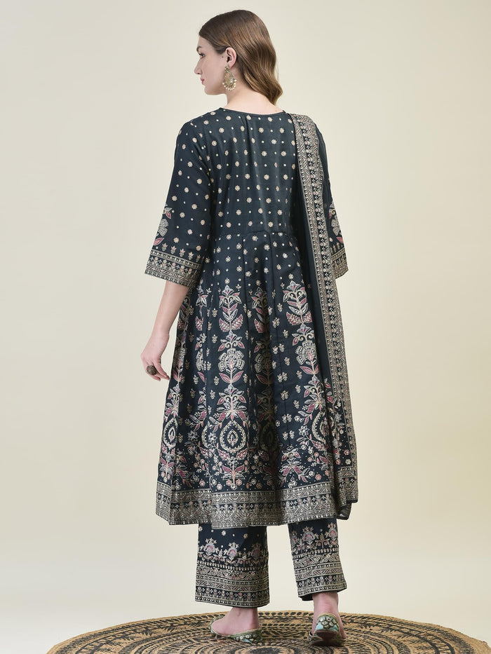 Women Liva Samaira Grey Ornamental Print Kurta Comfort Pant Dupatta.
