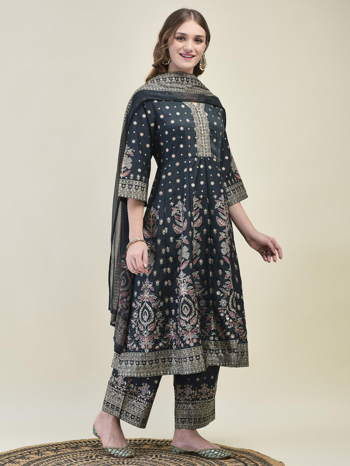 Women Liva Samaira Grey Ornamental Print Kurta Comfort Pant Dupatta.