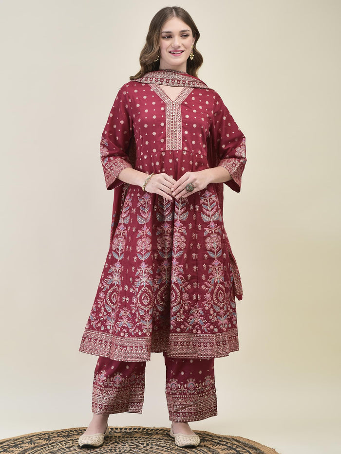 Women Liva Samaira Magenta Ornamental Print Kurta Comfort Pant Dupatta.
