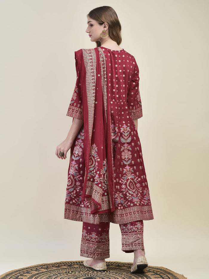 Women Liva Samaira Magenta Ornamental Print Kurta Comfort Pant Dupatta.