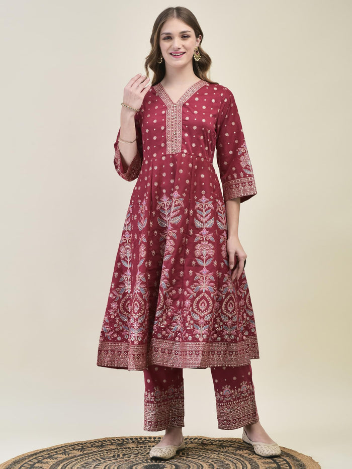 Women Liva Samaira Magenta Ornamental Print Kurta Comfort Pant Dupatta.