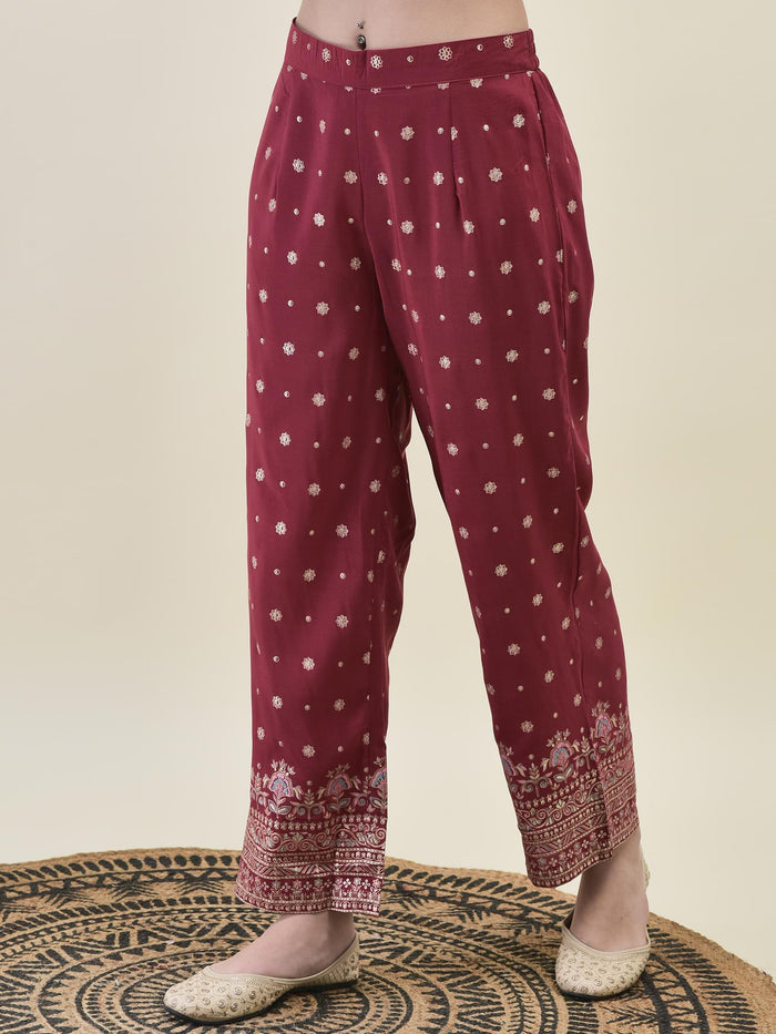 Women Liva Samaira Magenta Ornamental Print Kurta Comfort Pant Dupatta.