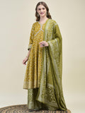 Women Liva Samaira Mustard Floral Print Kurta Split Pant Dupatta.