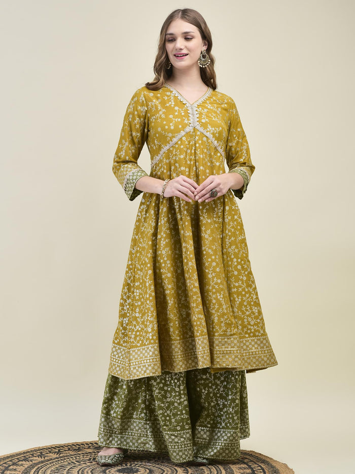 Women Liva Samaira Mustard Floral Print Kurta Split Pant Dupatta.
