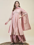 Women Liva Samaira Nude Pink Floral Print Kurta Split Pant Dupatta.