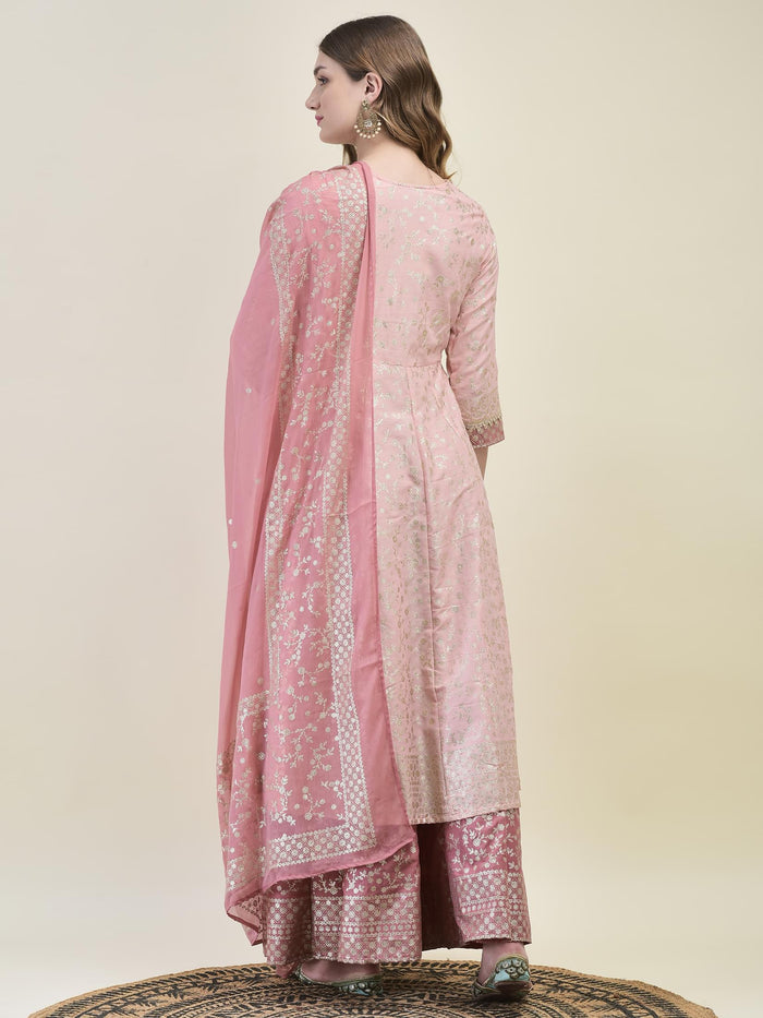 Women Liva Samaira Nude Pink Floral Print Kurta Split Pant Dupatta.