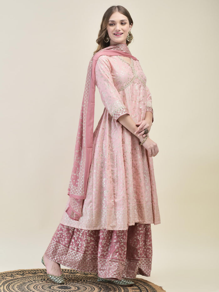 Women Liva Samaira Nude Pink Floral Print Kurta Split Pant Dupatta.