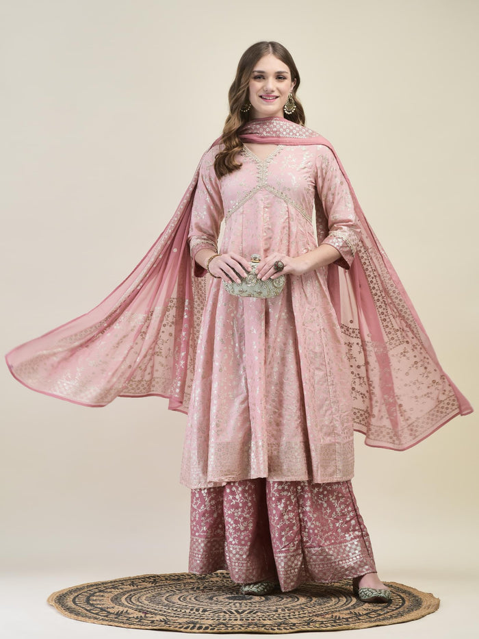 Women Liva Samaira Nude Pink Floral Print Kurta Split Pant Dupatta.