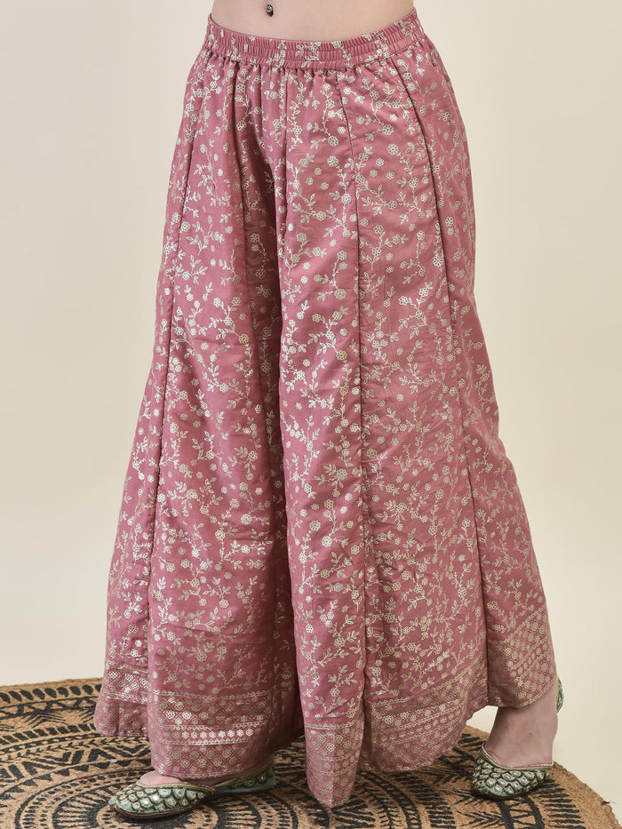 Women Liva Samaira Nude Pink Floral Print Kurta Split Pant Dupatta.