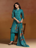 Women Liva Teal Blue Printed Kurta Comfort Pant Dupatta.