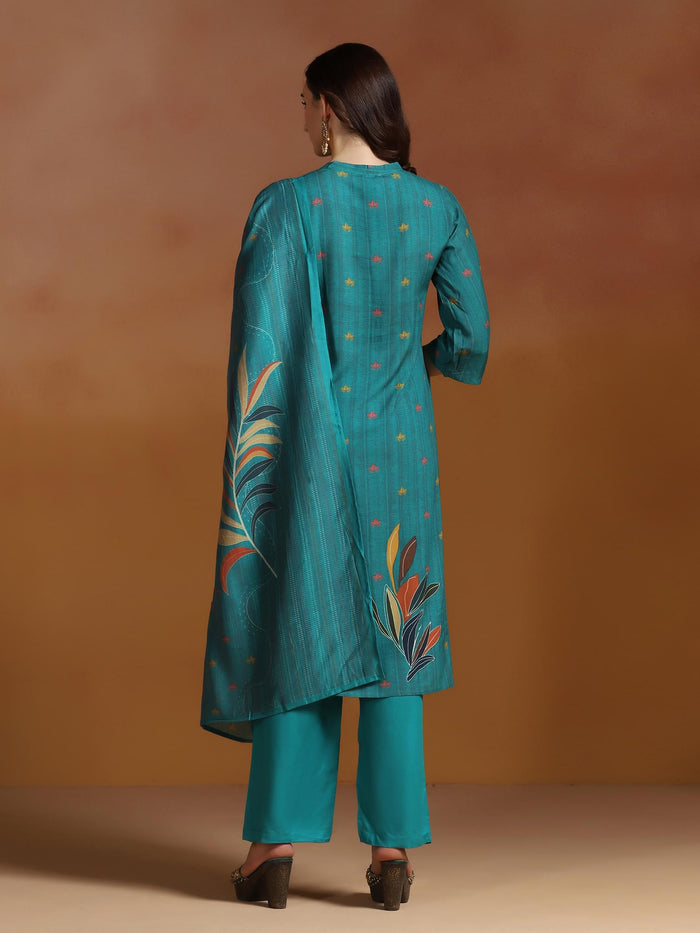 Women Liva Teal Blue Printed Kurta Comfort Pant Dupatta.