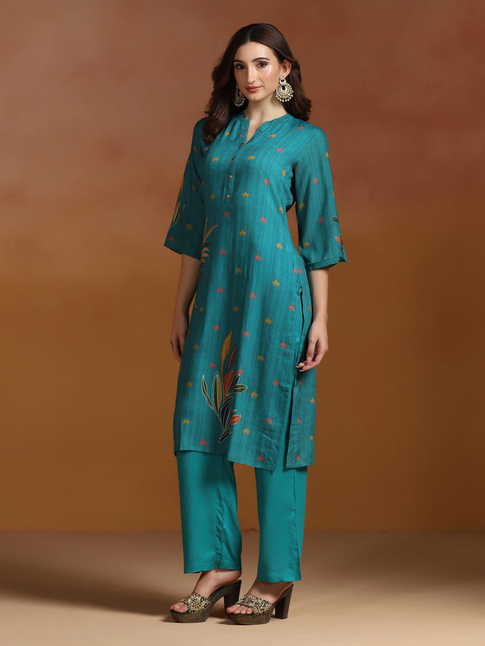 Women Liva Teal Blue Printed Kurta Comfort Pant Dupatta.