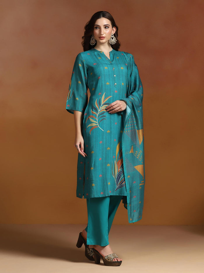 Women Liva Teal Blue Printed Kurta Comfort Pant Dupatta.