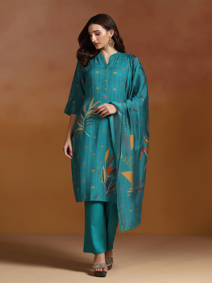 Women Liva Teal Blue Printed Kurta Comfort Pant Dupatta.