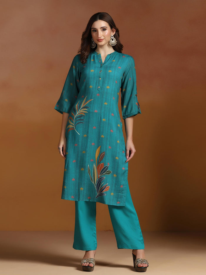 Women Liva Teal Blue Printed Kurta Comfort Pant Dupatta.