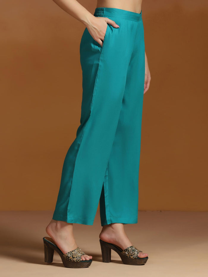 Women Liva Teal Blue Printed Kurta Comfort Pant Dupatta.