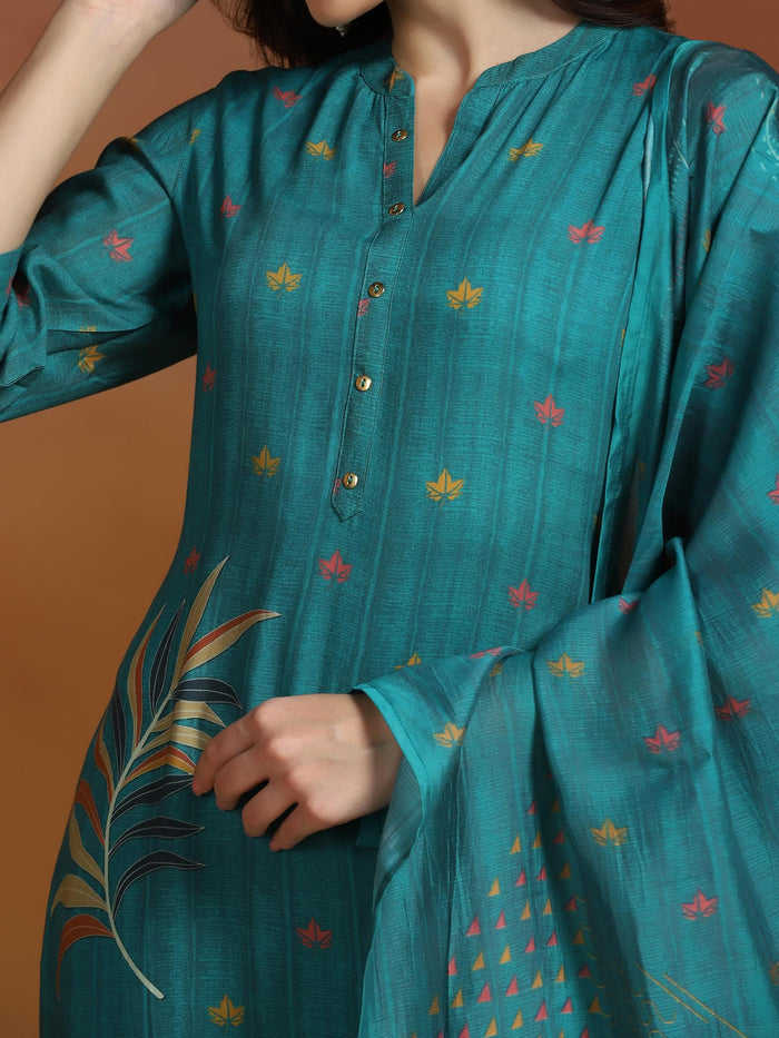 Women Liva Teal Blue Printed Kurta Comfort Pant Dupatta.
